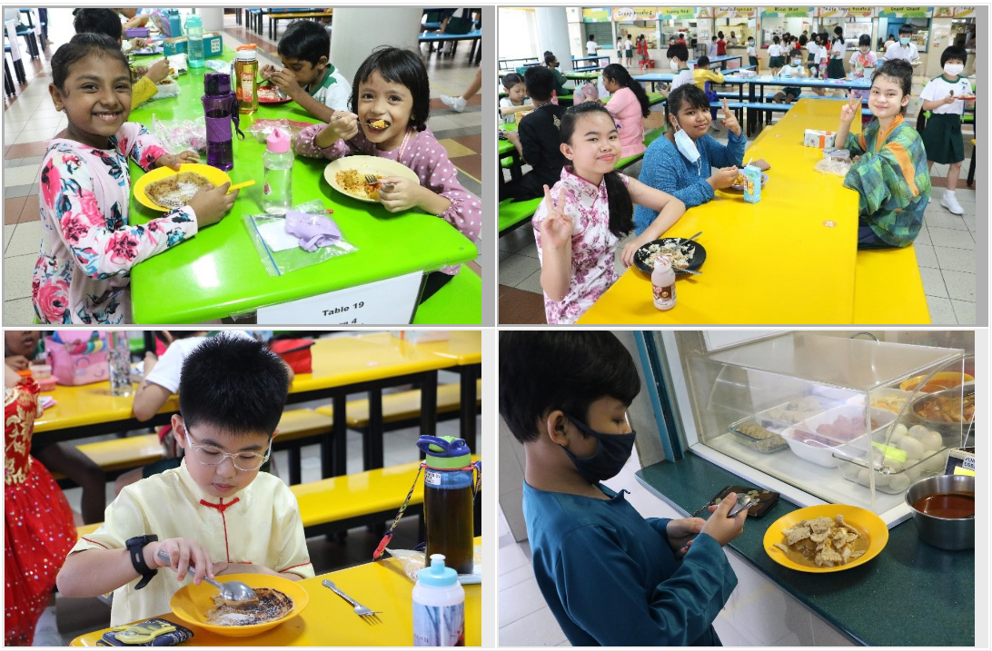 Students enjoying the specially prepared traditional food during recess.