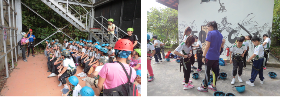 Safety briefing session conducted by the Outdoor Adventure Educators before embarking on the high elements. Pupils eagerly putting on safety gears and awaiting their challenges in the high elements.