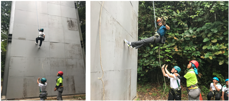 Our teacher, Mr Cruz giving moral support to the students by challenging himself too! Abseiling doesn’t seem that difficult after all for our students.