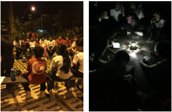 Pupils have the opportunity to consolidate and share their learning during the campfire. It also provided a platform for the pupils to show their appreciation for each other. Exploration of places in the dark help pupils to overcome their fear of the dark. They share with the group on what they have heard and observed during their walk.