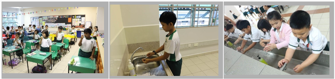 Students carrying out their civic duties, by having their temperature taken every morning before starting the school day. They also practicing good hygiene by washing their hands thoroughly with soap before and after recess.