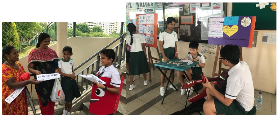 The group working on "Healthy Snack Break" was concerned that their schoolmates were eating unhealthy snacks during their snack breaks. They created a song and mascots to raise awareness among their schoolmates on healthy snacks. They also designed and gave out flyers to inform parents to prepare healthier snacks for their children as well.