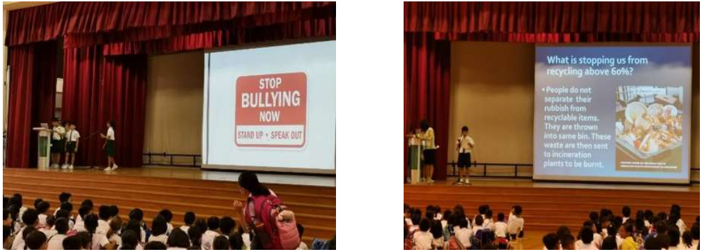 Student leaders from Social Change in Action Programme went on stage to share with their schoolmates on their concerns such as "saying no to bullying" and "how to recycle properly".