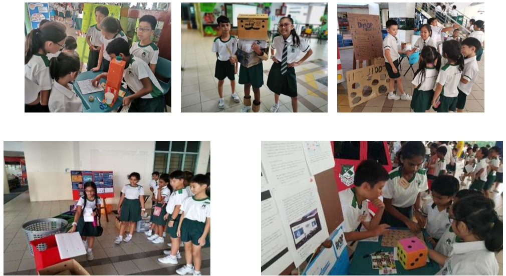 P5 Water Conservation Ambassadors sharing their projects with their schoolmates on water conservation through creative ways such as games, mascots, quiz and presentations.